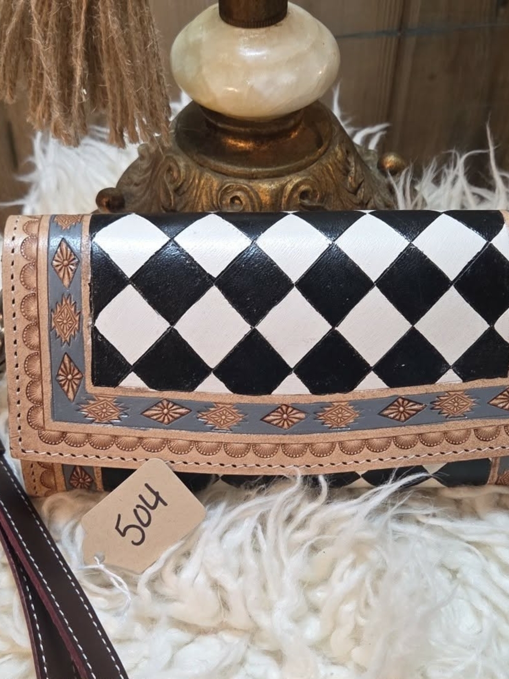 Black & White Diamond Pattern Women's Clutch Wallet - Leather Trim